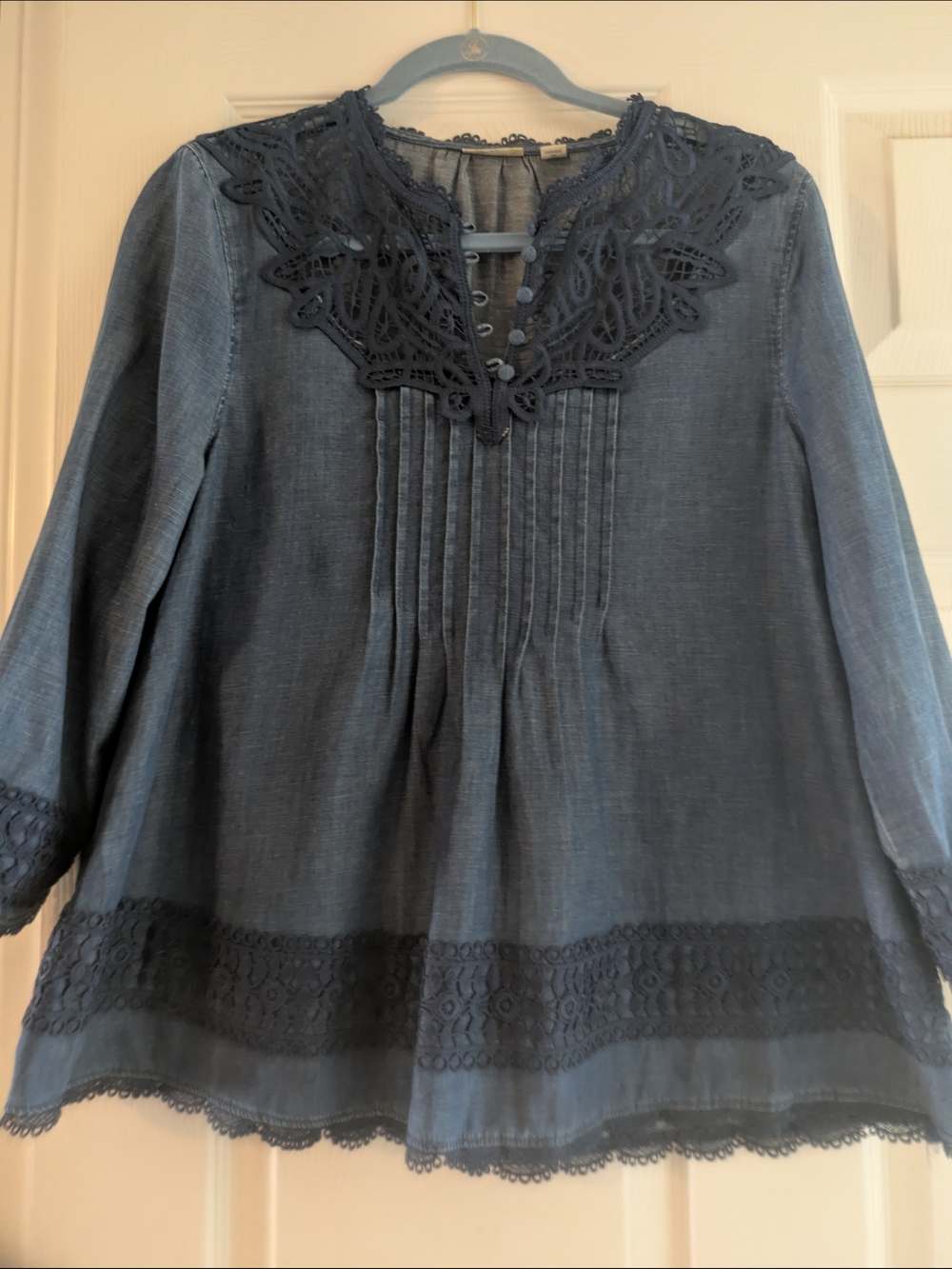 Anthropologie Navy Lace-Trim Pintuck Tunic